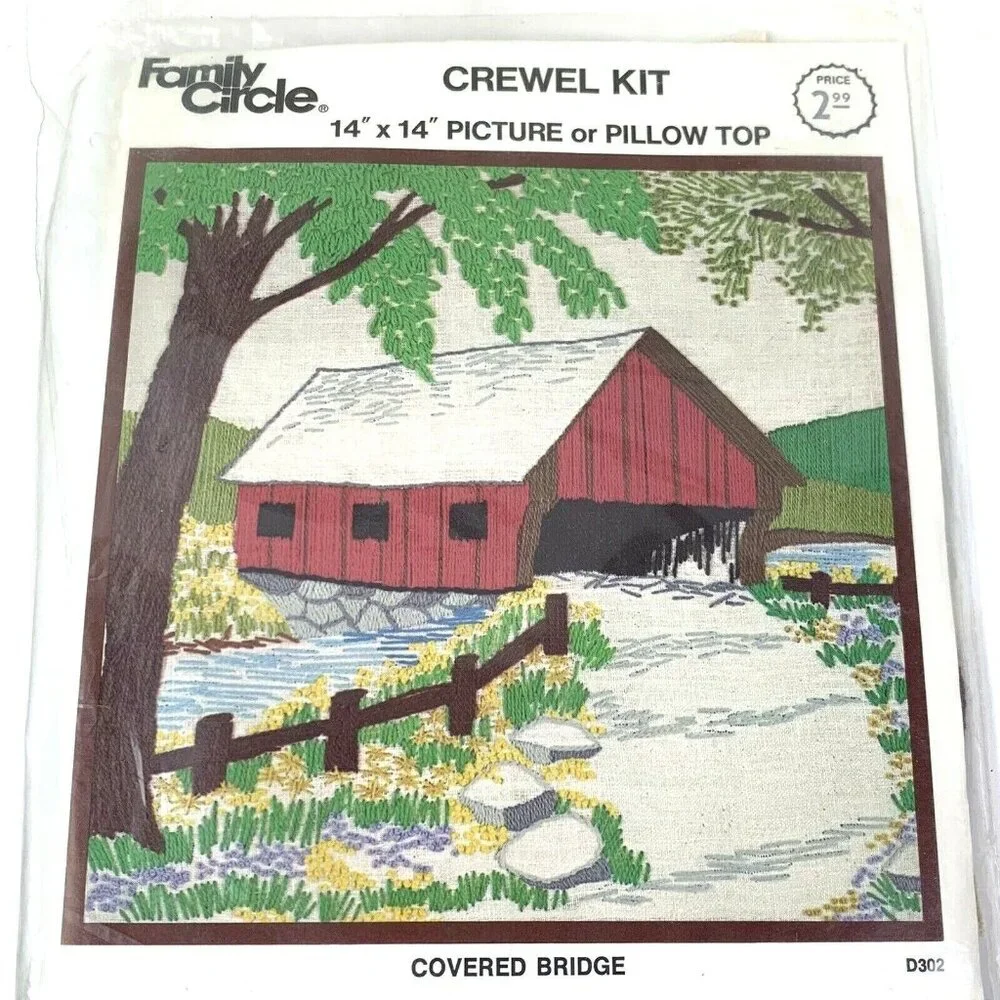 Vtg Crewel Kit Red Covered Bridge Picture Pillow Top Family Circle D302 14x14
